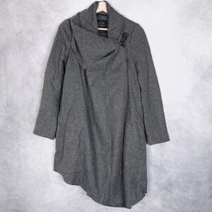 AllSaints Coat Womens 4 Gray Check Wool Long Asymmetrical Toggle Wrap